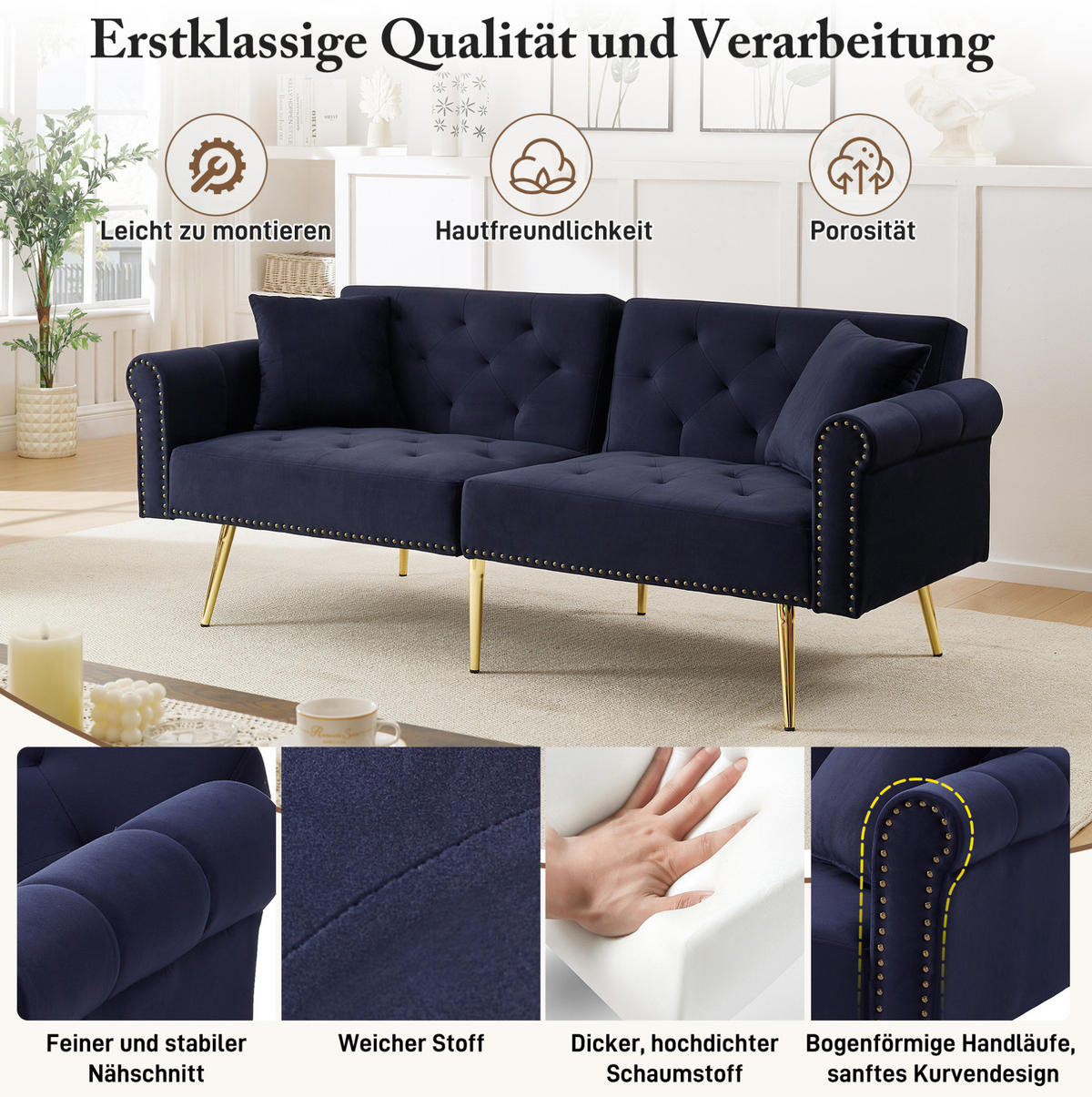 SCHLAFSOFA 2-Sitzer Samt mit 3-stufig verstellbarer Rückenlehne Antikblau 173/75/70 cm - Blau, Textil (70/173/75cm) - Redom