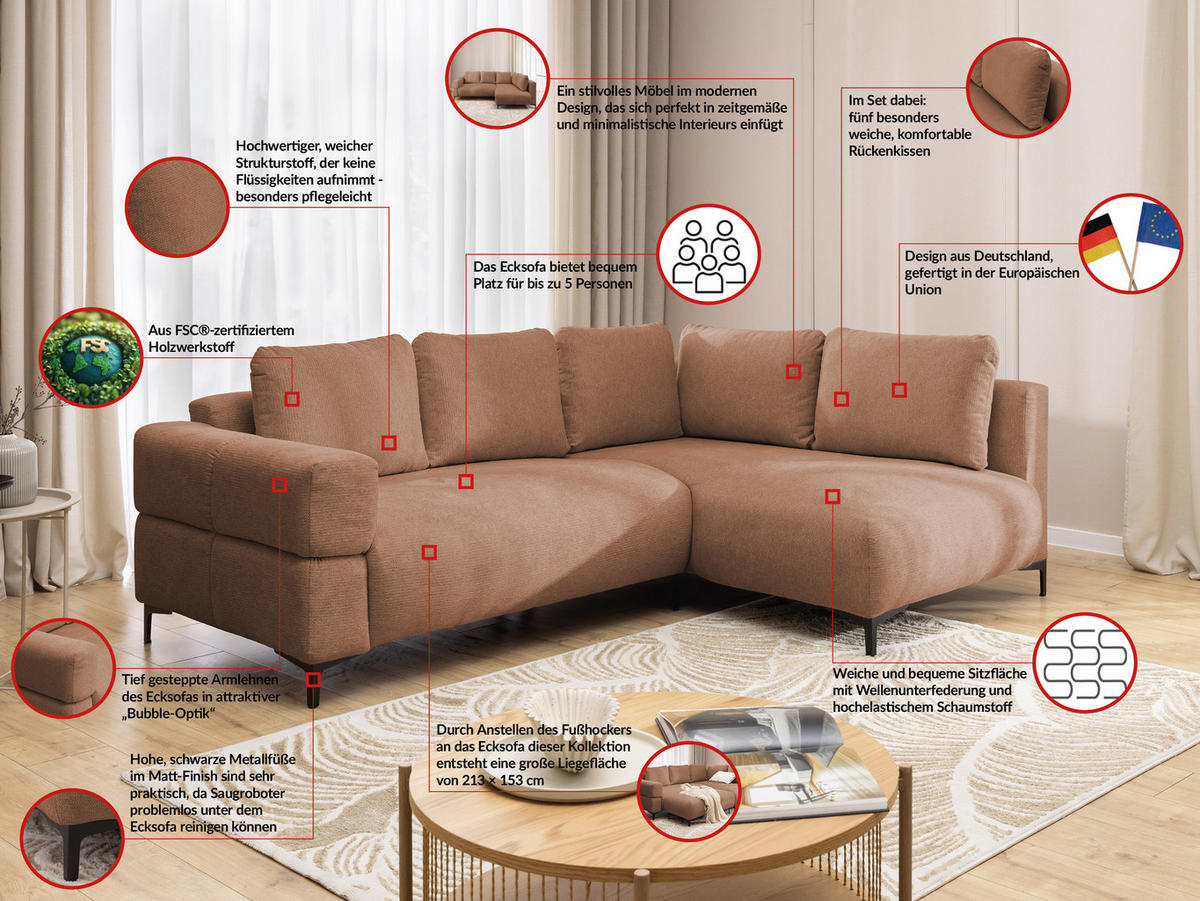 ECKSOFA inkl. Hocker Cardea mit Schlaffunktion in Bubble-Optik aus weichem Terrakotta Strukturstoff und hohem Sitzkomfort - Ottomane rechts - Terracotta/Schwarz, Holz/Textil (230/170cm) - S-Style Möbel