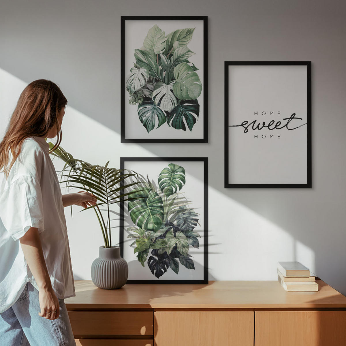 WANDBILDER 3er-Set - 40x60 cm Schwarzer Rahmen - Pflanzen mit der Aufschrift „Sweet Home“ - Schwarz, Kunststoff (40/60cm) - ArtPrintCave
