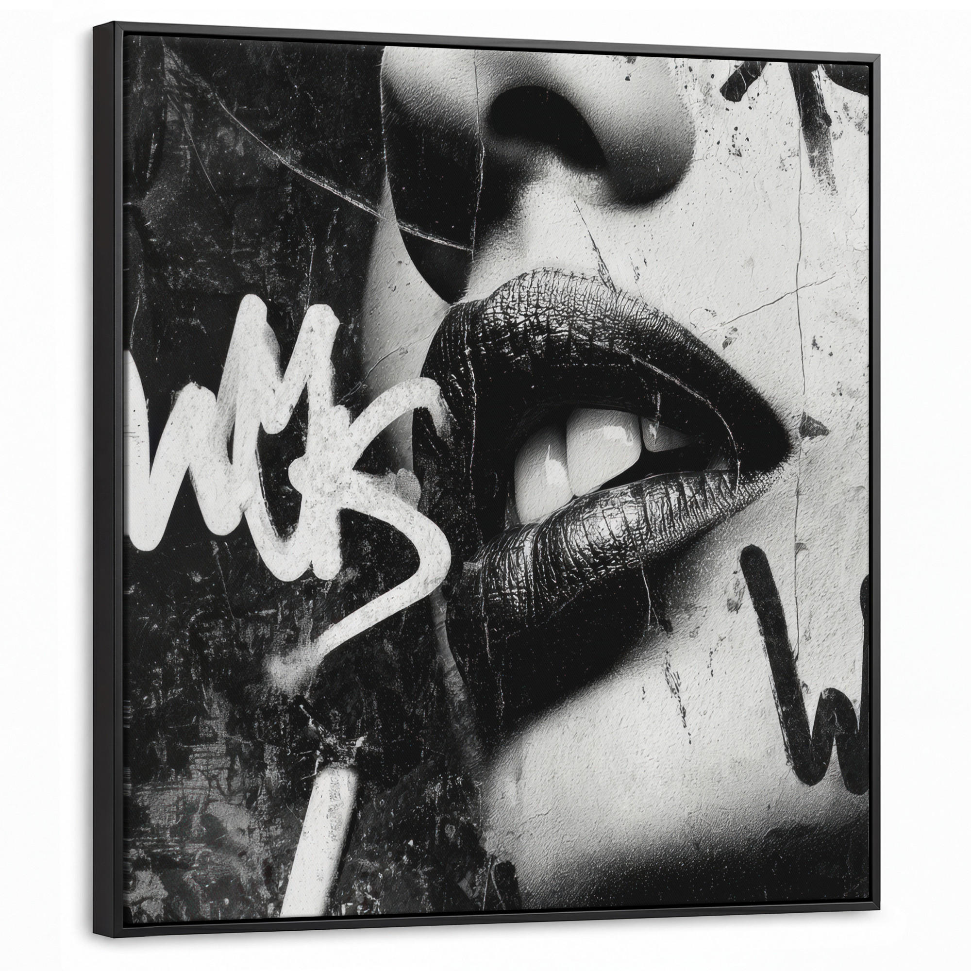 LEINWAND Bilder mit Rahmen - Gesicht - Mund - Graffiti - Schwarz - 90x90 - Schwarz, Textil (90/90cm) - MuchoWow
