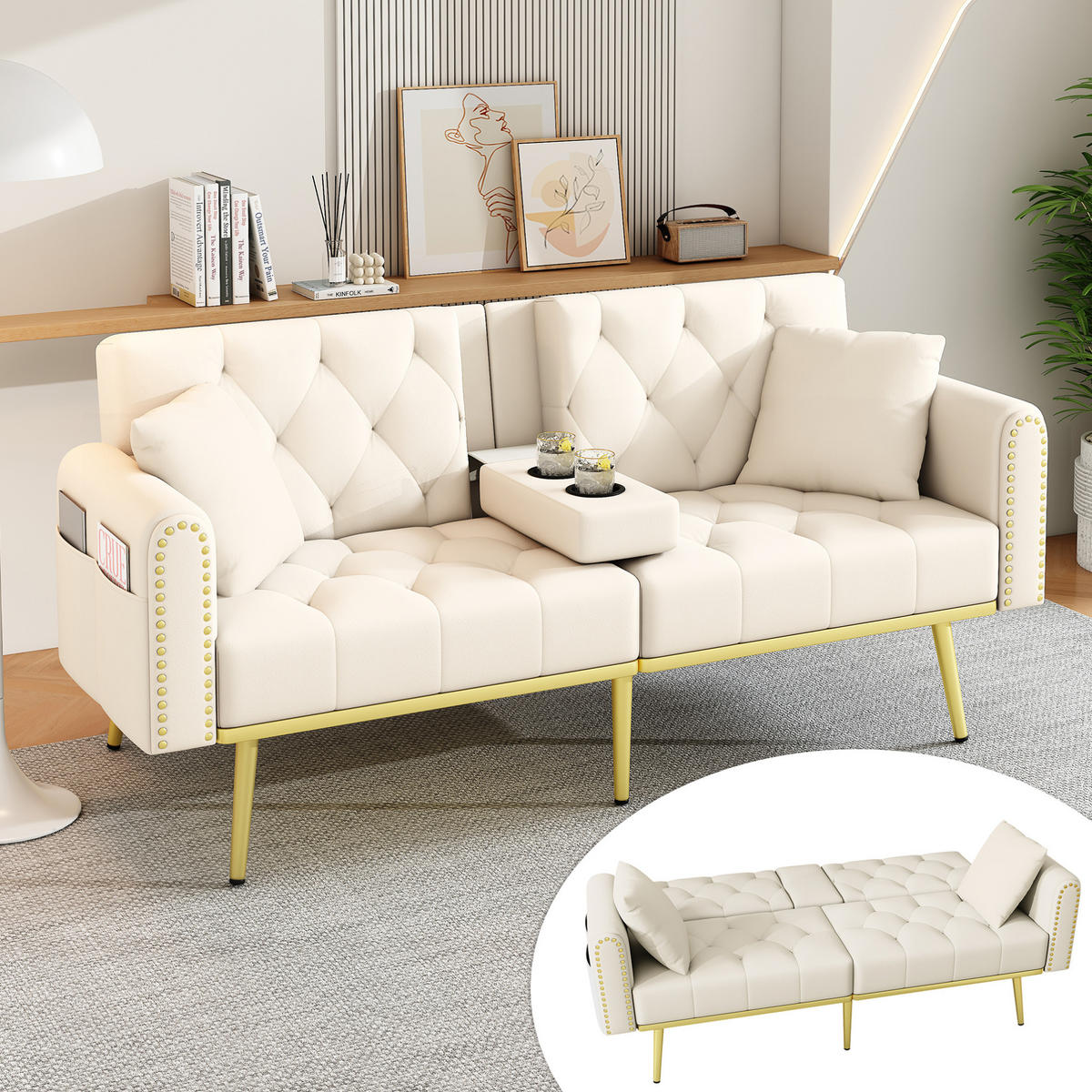 SCHLAFSOFA mit Liegefunktion 175 x 80 x 73,5 cm Samt Beige - Beige, Kunststoff (175/73.5/80cm) - Meubliv