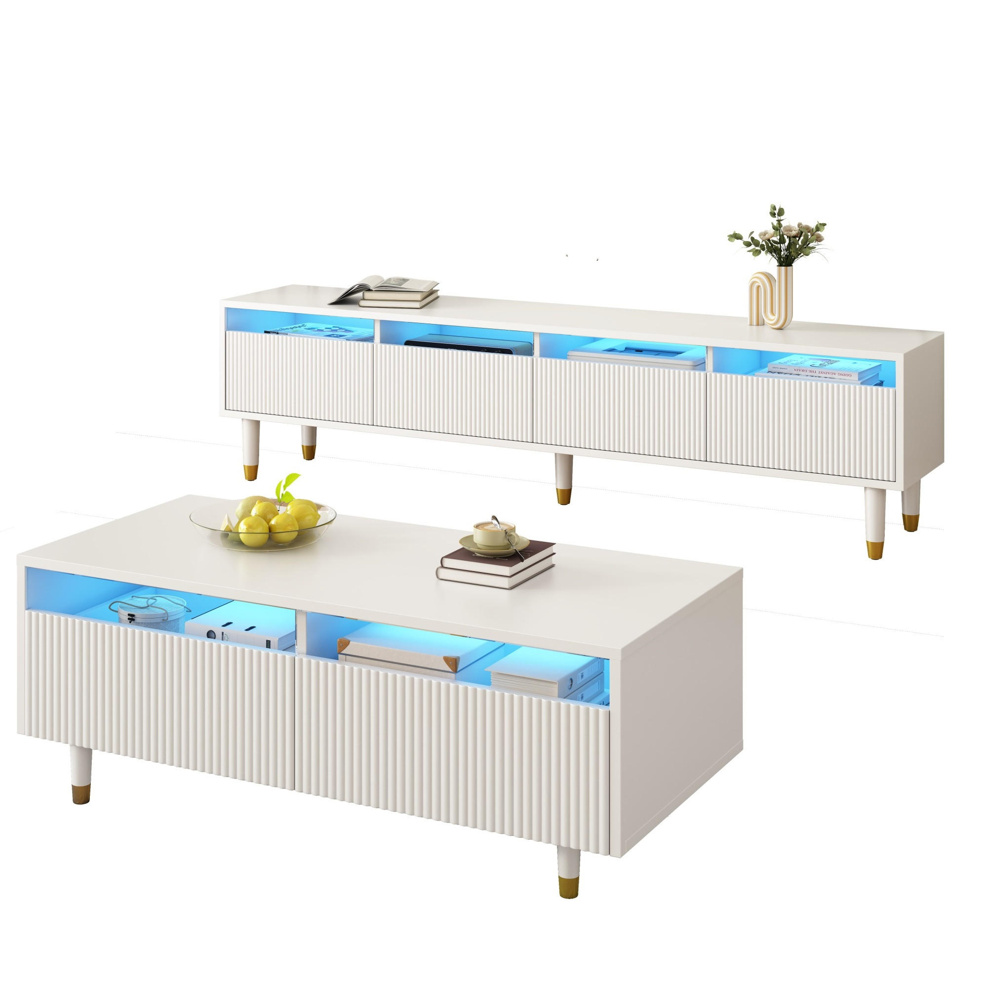 Modfu OBÝVACÍ sestava z MDF 178x35x45 / 110x50x40 cm bílá s LED osvětlením, úložným prostorem a akrylovými prvky