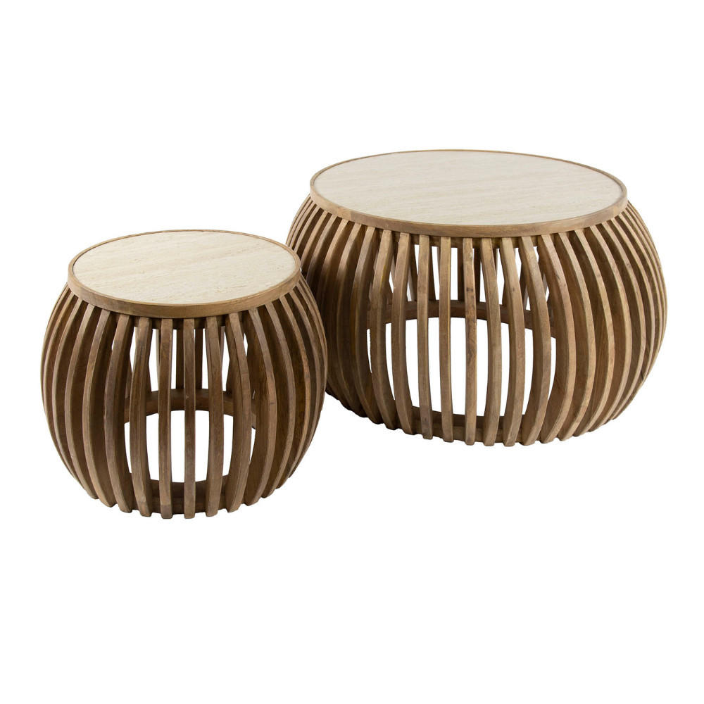 COUCHTISCH-SET ALBA FERA Bauchige Design-Satztische mit Travertin-Keramik - Beige/Braun, Holz/Keramik (75/75/40cm) - alesvelt