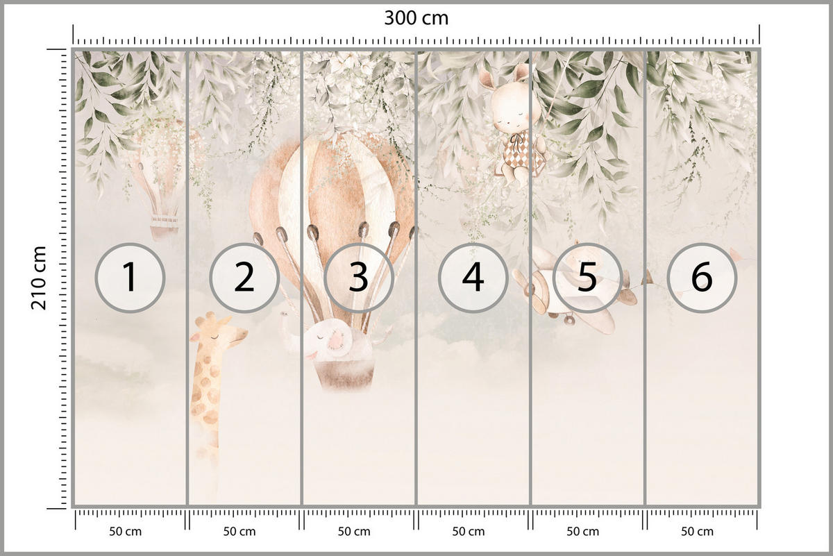 FOTOTAPETE für Kinderzimmer Tiere Wolken Ballons Giraffe Sonne 300x210 - Beige/Braun, Papier (300/210cm) - Muralo