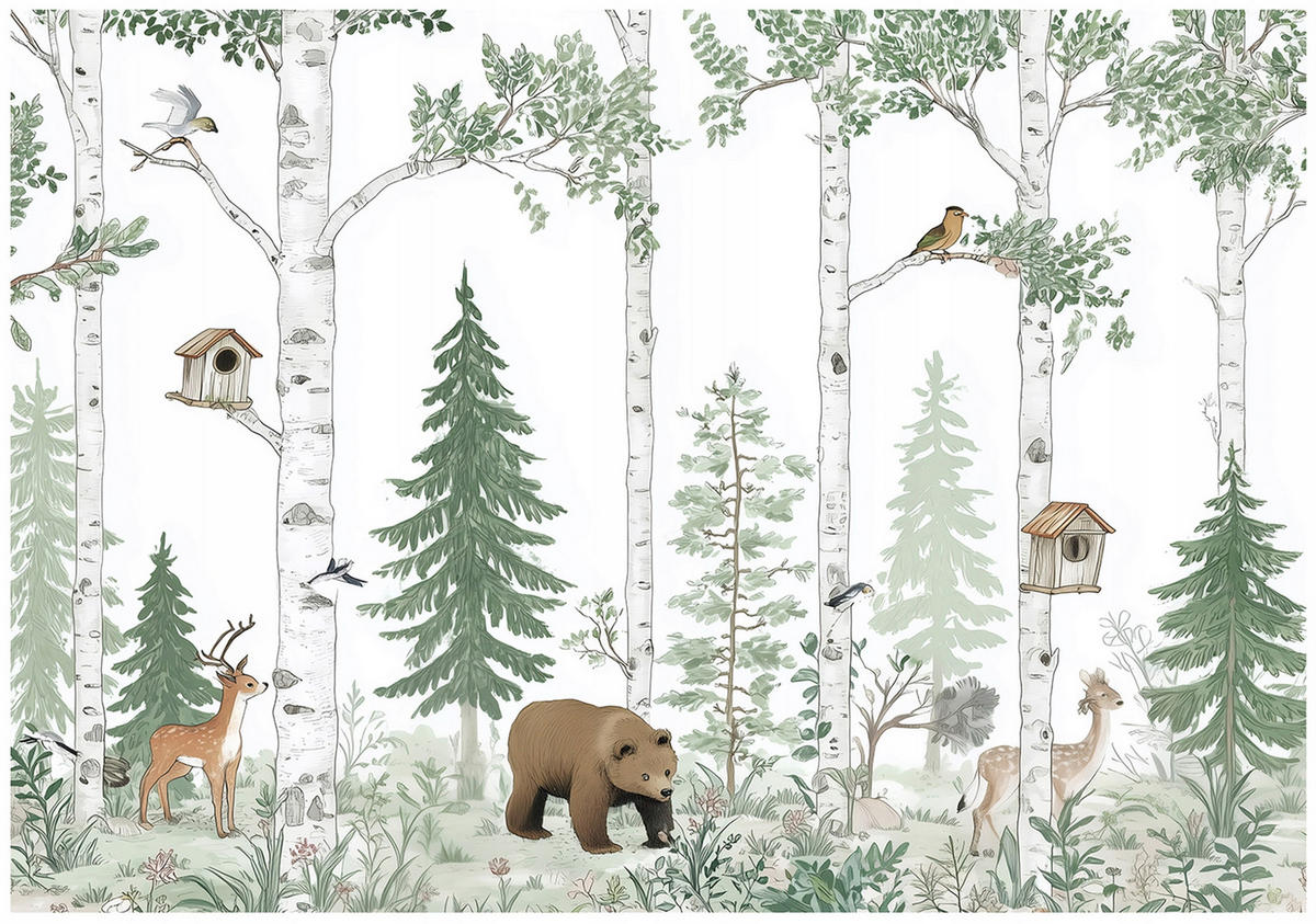 FOTOTAPETE Wald Tiere Grün 200x140 cm - Multicolor, Papier (200/140cm) - Wallarena