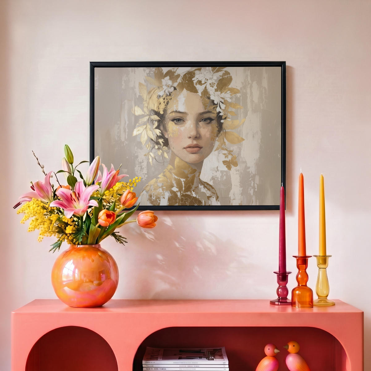 LEINWAND Bilder mit Rahmen - Gesicht - Frau - Blätter - Gold - 40x30 - Beige, Textil (40/30cm) - MuchoWow