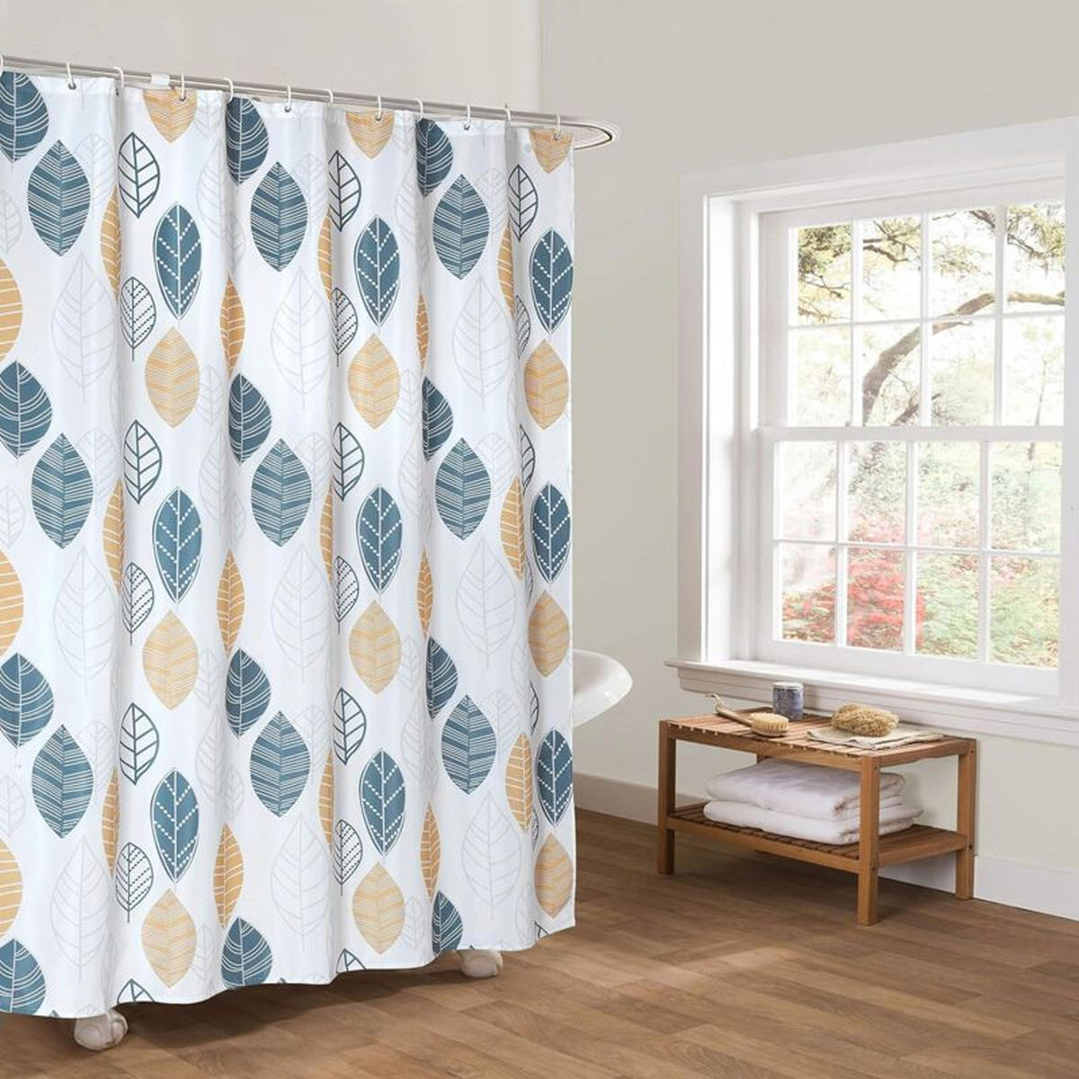 DUSCHVORHANG 180 x 180 cm Pflanze Blätter Blumen Polyester wasserdicht mit Haken Badezimmer - Weiß, Textil (180/180cm) - MCBOSON