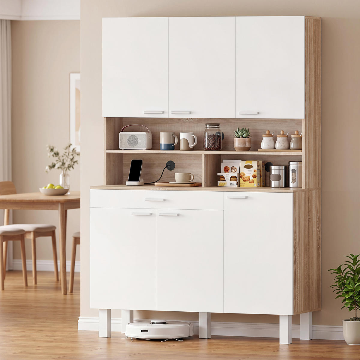 KÜCHENSCHRANK Weiß und Naturholz-Optik, 6 Türen, 120/40/175 cm - Weiß, Holzwerkstoff (120/175/40cm) - PANGIVO