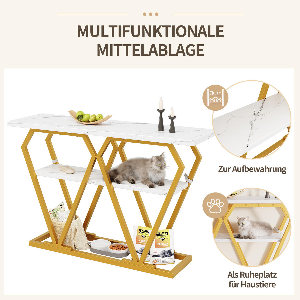 BEISTELLTISCH 120/29,5/80 cm in Weiß-Marmoroptik mit Ablage & goldenem Metallgestell - Weiß, Holzwerkstoff (120/29.5/80cm) - BEAOK