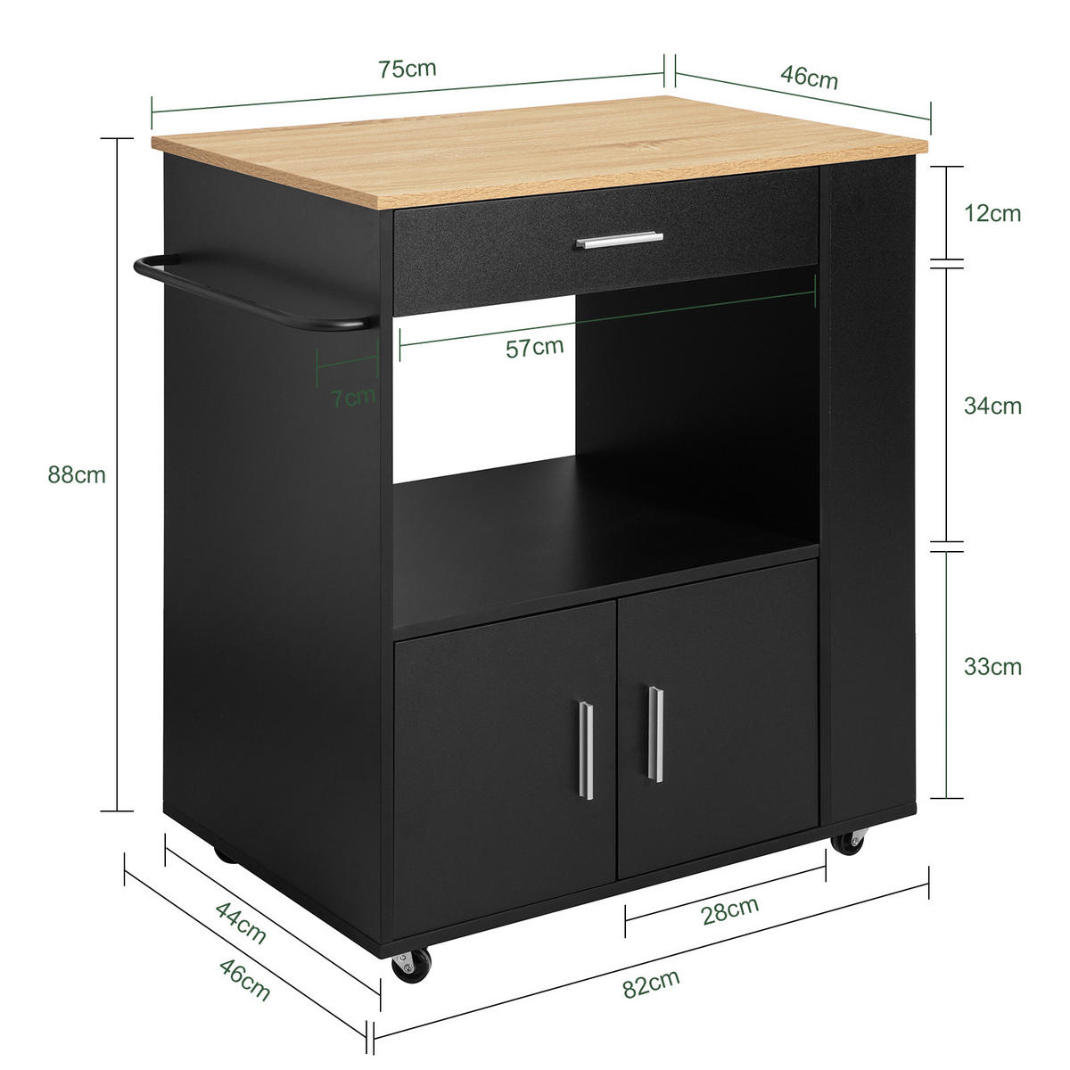 KÜCHENWAGEN mit Arbeitsplatte, Servierwagen, Schwarz - Schwarz, Holzwerkstoff (82/88/46cm) - SoBuy