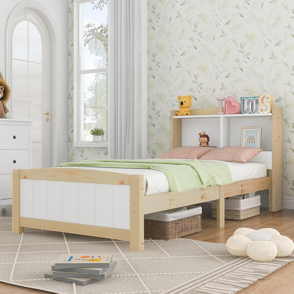EINZELBETT 90/200 cm aus Massivholz mit Stauraum-Kopfteil, Lattenrost und Federkernmatratze, Natur/Weiß - Naturfarben, Holz - Redom