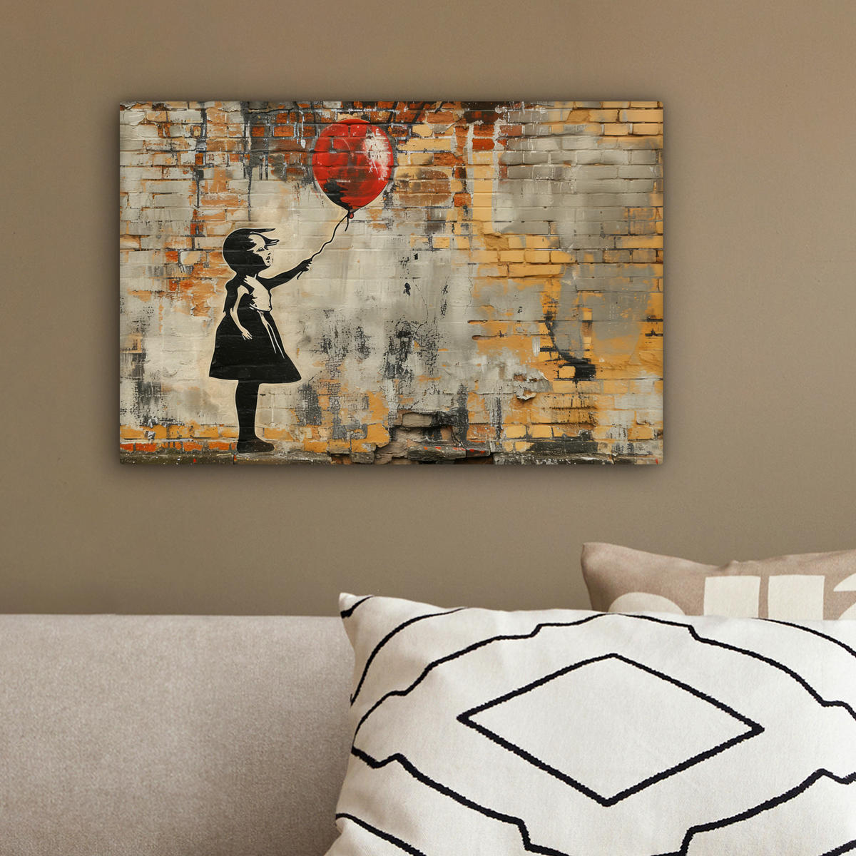 LEINWANDBILD Graffiti - Banksy - Mädchen - Straßenkunst 30x20 cm - Sandfarben, Textil (30/20cm) - MuchoWow