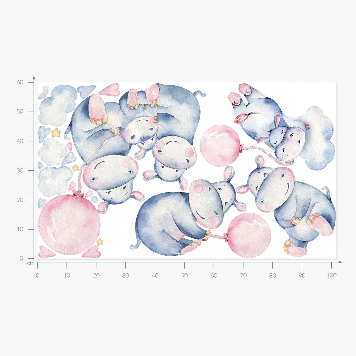 WANDAUFKLEBER 60x102cm - Nilpferdfamilie - Multicolor, Kunststoff (60/102/0.1cm) - Wallfluent