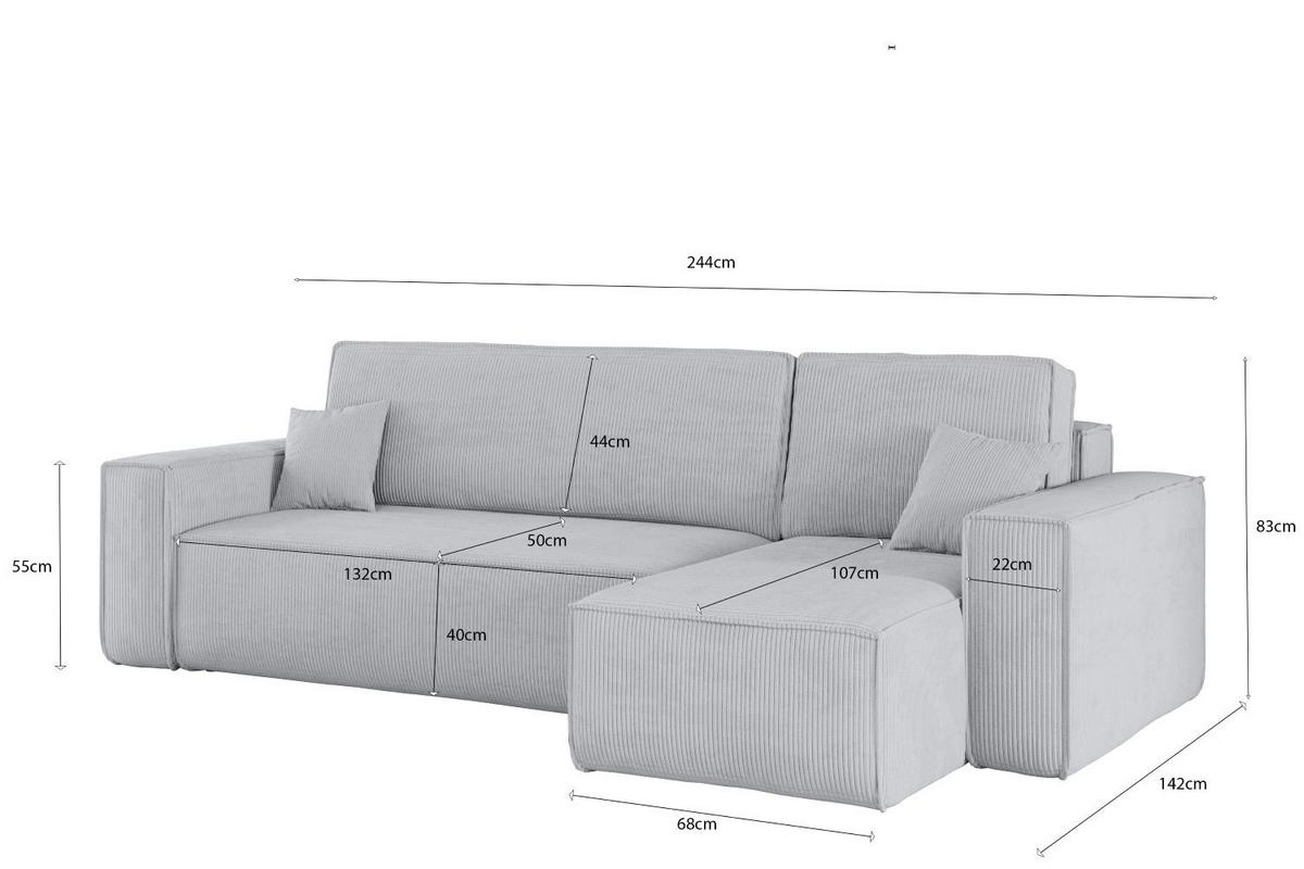 ECKSOFA Mit Schlaffunktion Und Bettkasten BEST Stoff Poso Dicker Cord Grau Rechts - Grau, Holz/Textil (244/142cm) - Kaiser Möbel