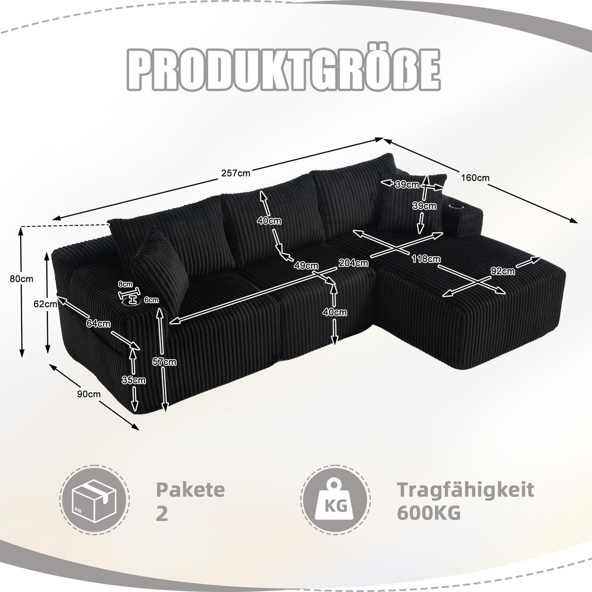 ECKSCHLAFSOFA Modulares Sofa mit Schlaffunktion,Chaiselongue + Zweisitzer,Schwarz - Schwarz, Textil (257/160cm) - LVHOM