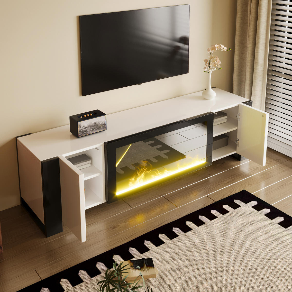 TV-ELEMENT165X55X32CM elektrischer Kamin Flammeneffekt Hochglanz Weiß-Schwarz - Weiß, Holz (54.99/21.21/104.5cm) - Raelunyi