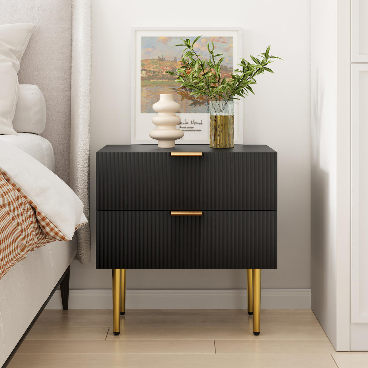 ESSTISCH 53/41,5 cm Schwarz aus MDF und Metall mit 2 Schubladen - Schwarz, Holzwerkstoff (41.5/53/52.5cm) - OKMYHOME