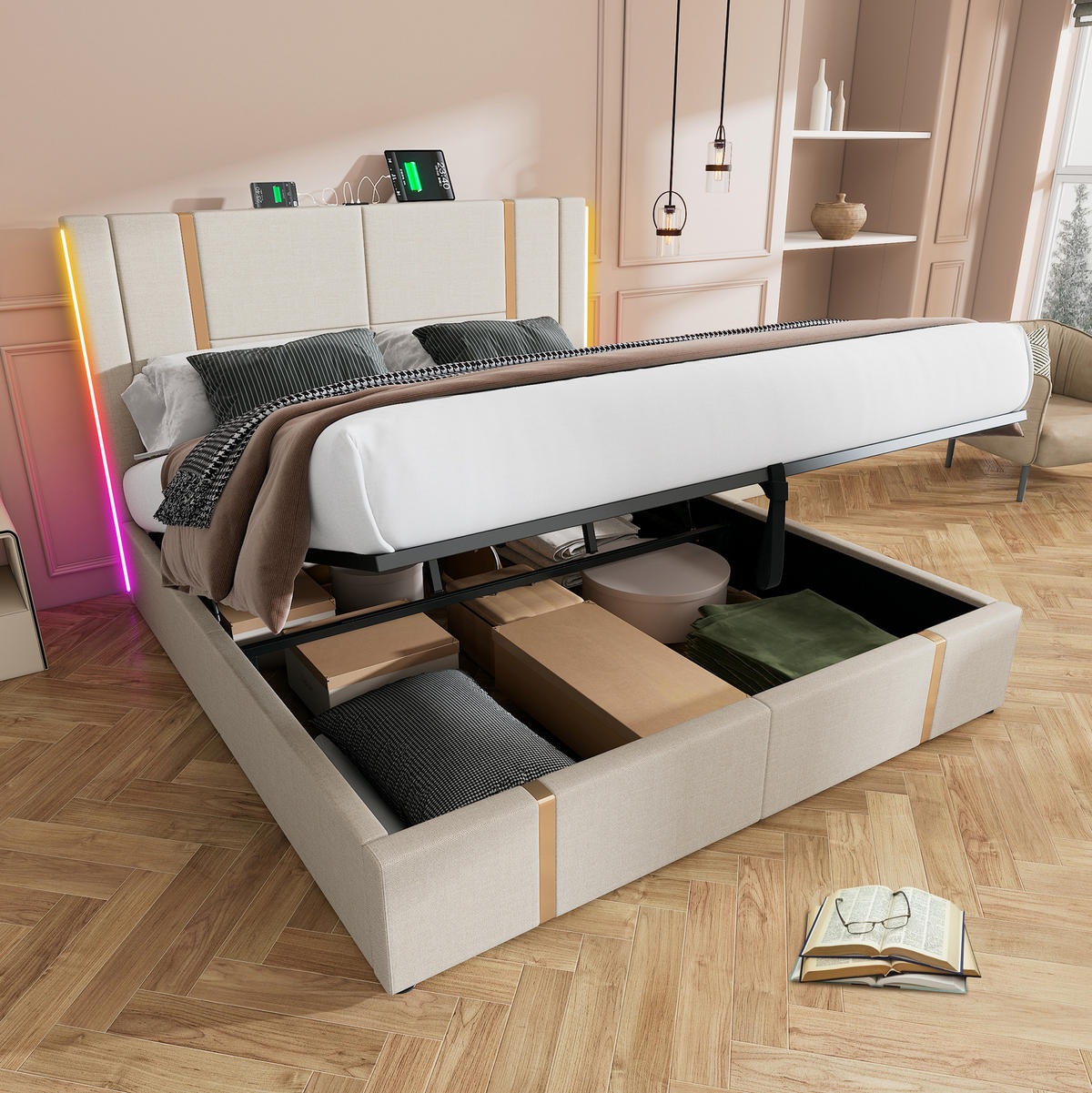 POLSTERBETT mit Stauraum LED USB/Type-C 180x200 cm Beige - Beige, Metall (180/200cm) - Meubliv