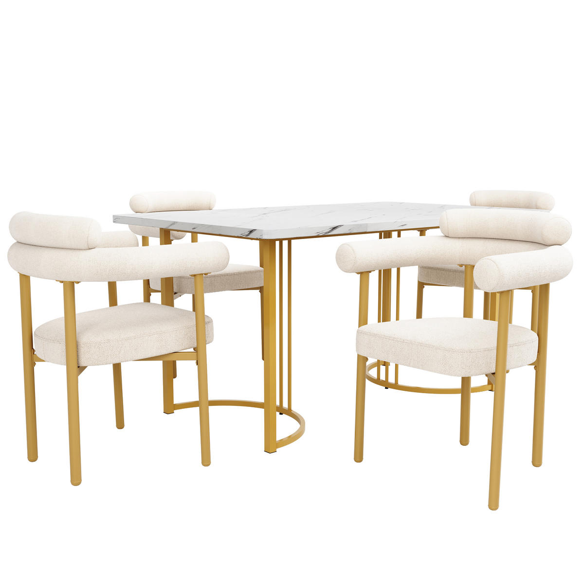 ESSTISCHSET 5-Teilig Mit Metallbeinen, 4 Creme Wildledersessel, Gold - Multicolor, Metall (140/75/80cm) - FLIEKS