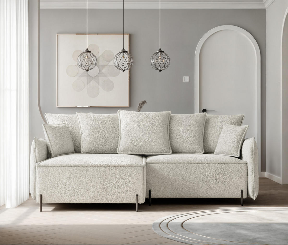 ECKSOFA MARCO Links, mit Schlaffunktion und Bettkasten, Creme - Creme, Textil/Metall (221/148cm) - Idohome