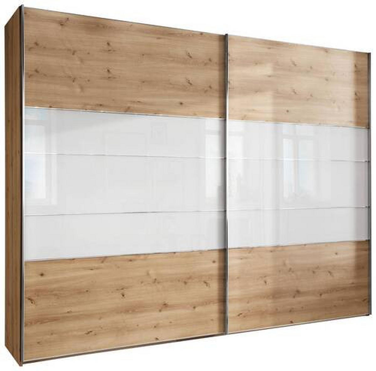 FÜGGESZTETT TOLÓAJTÓS SZEKRÉN fehér, Bianco tölgy  - Bianco tölgy/króm, Konventionell, faalapú anyag/Üveg (300/236/67cm) - Voleo