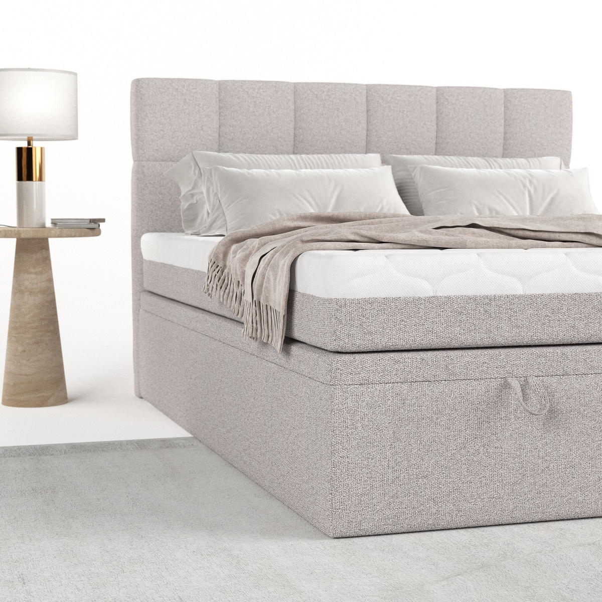 BOXBETT Elano 200/200 cm Beige im Riva Stoff - Beige/Schwarz, Holz/Holzwerkstoff (200/200cm) - AltaBeds