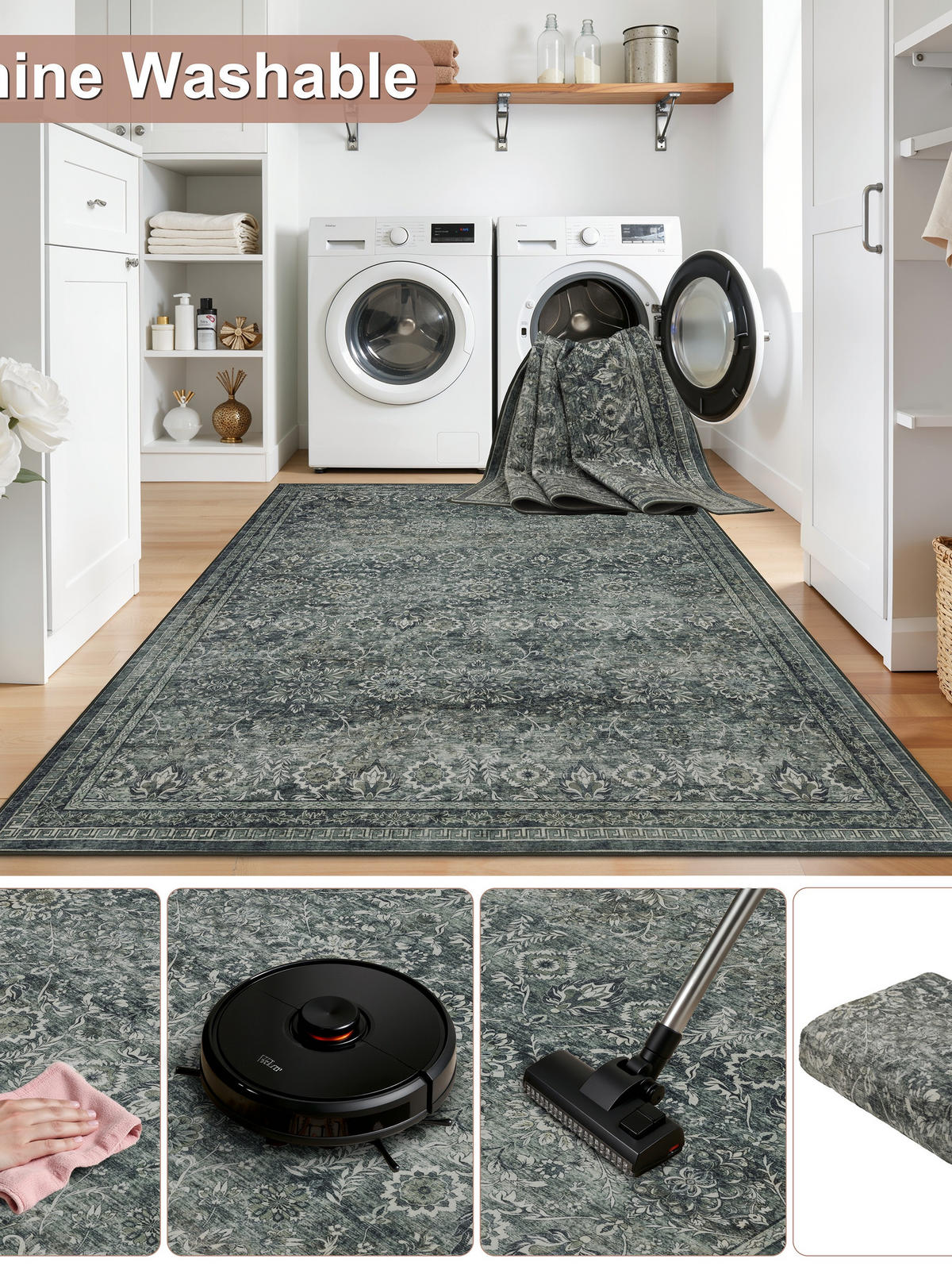 TEPPICH Kurzflor, waschbar, mit floralen Ornamenten, VERNANTE in Grün-Grau, 120 x 170 cm - Grün, Textil (120/170cm) - KADIMA DESIGN