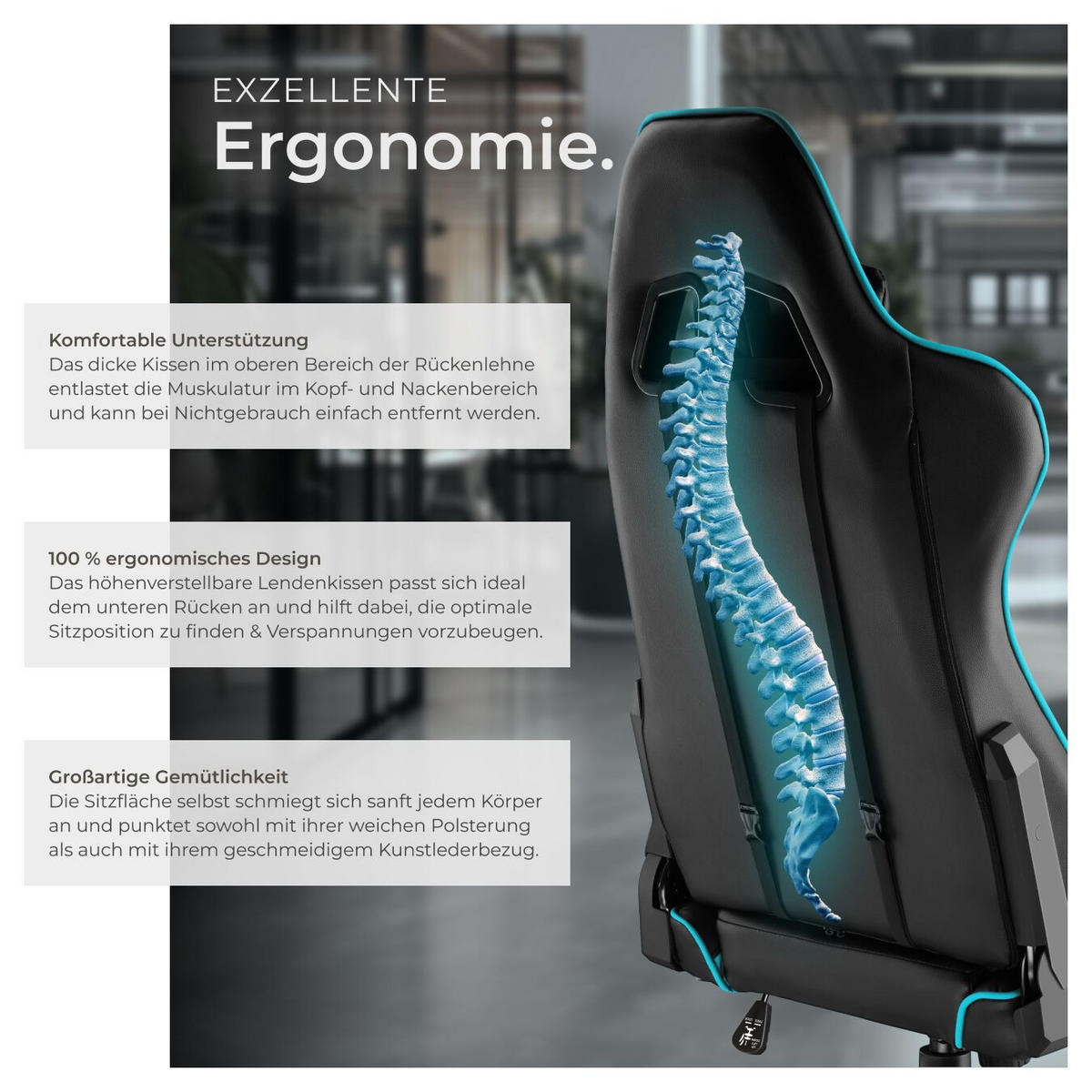 RACING-GAMINGSTUHL Twink,Belastbarkeit 120 kg,schwarz/azur - Schwarz/Hellblau, Textil (68/125/69cm) - tectake