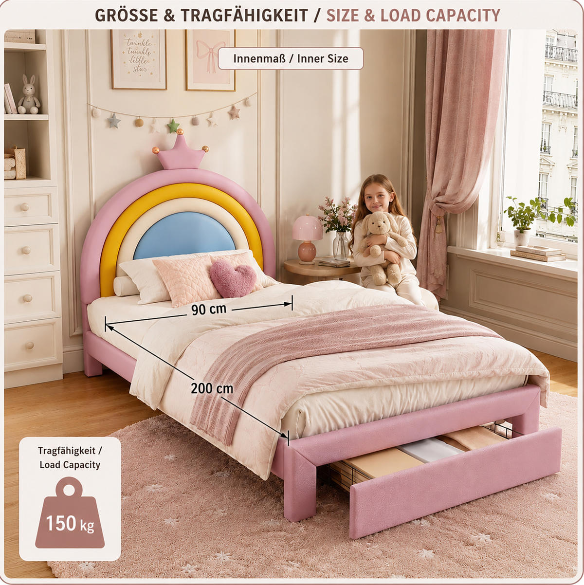 KINDER-POLSTERBETT aus PU 90x200 cm Rosa mit höhenverstellbarem Regenbogen-Kopfteil und Schublade - Pink, Kunststoff (90/200cm) - Modfu
