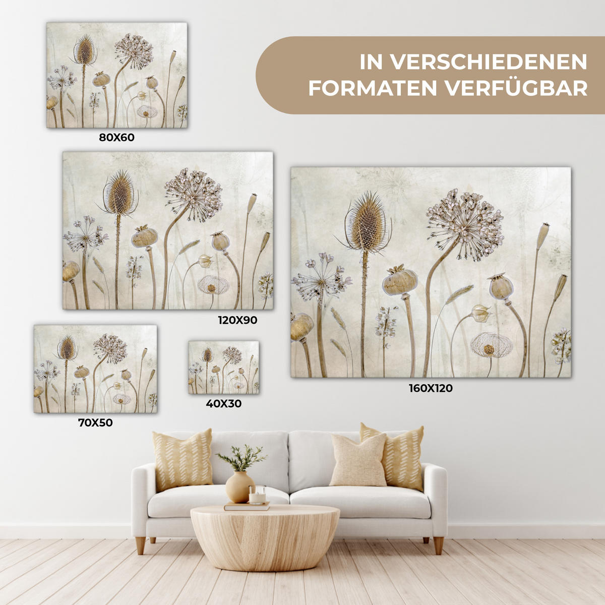 LEINWANDBILD Blumen - Aquarell - Stilleben - Braun - Vintage Wandbilder 80x60 cm - Beige, Textil (80/60cm) - MuchoWow