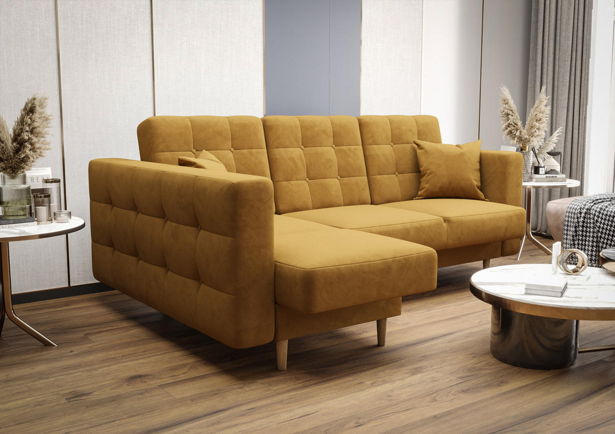 ECKSOFA KONGO RBN12, Eckcouch in L-Form mit Schlaffunktion, Farbe: Gelb, Velourstoff, Ottomane Links - Gelb, Textil (225/158cm) - O-Sofa