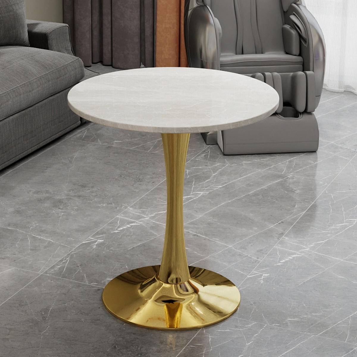 COUCHTISCH 70 cm in Gold/Weiß aus Kunstmarmor–rund und vielseitig - Goldfarben, Stein (70/70/72cm) - Flora Grace