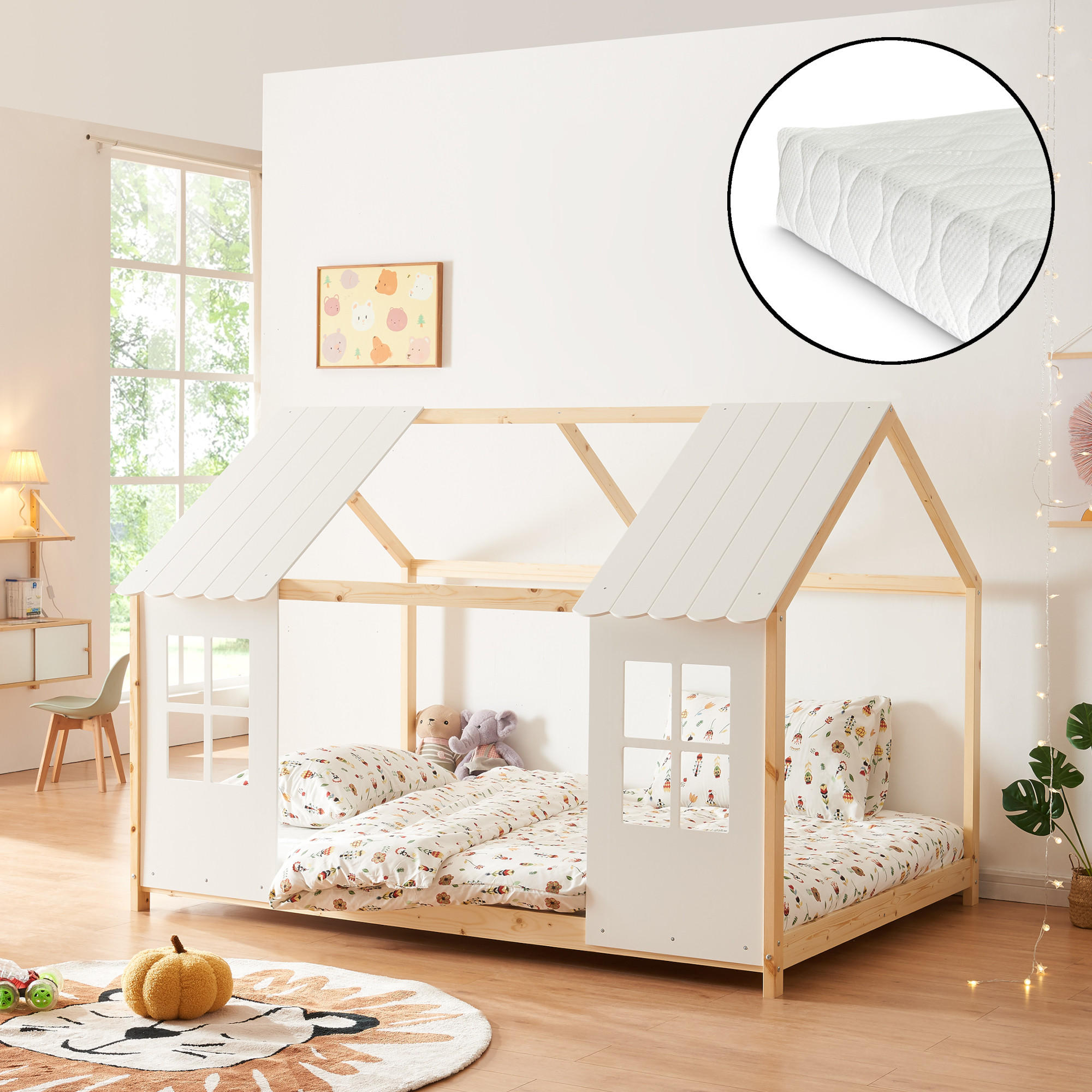 HAUSBETT Tostedt mit Matratze - Naturfarben, Holz/Textil (120/200cm) - [en.casa]