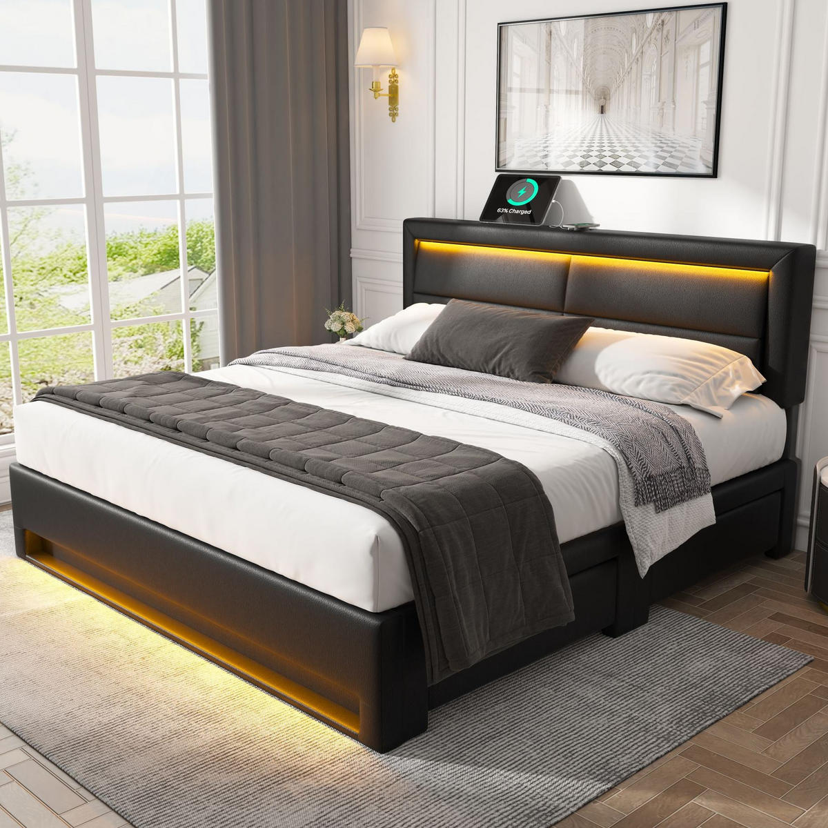 POLSTERBETT mit USB, LED und 4 Schubladen 140x200 cm PU Schwarz - Schwarz, Metall (140/200cm) - Meubliv