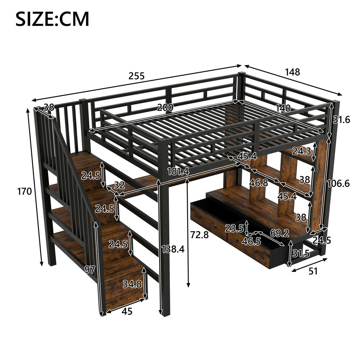 HOCHBETT 140/200 cm Schwarz mit Schreibtisch, Regalen und LED - Schwarz, Metall (140/200cm) - MIVRAY