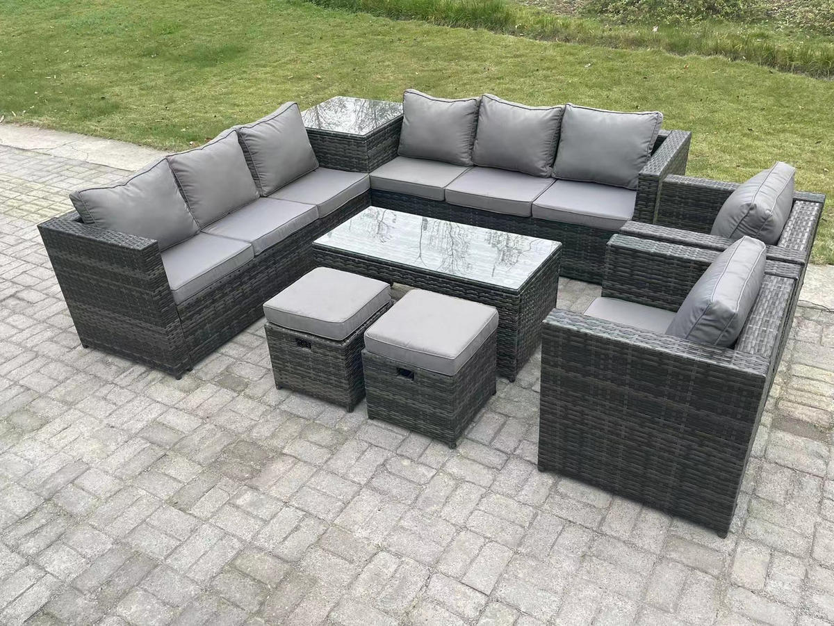 GARTENTISCHGRUPPE Polyrattan 10-Sitzer - Dunkelgrau/Grau, Glas/Kunststoff - Fimous
