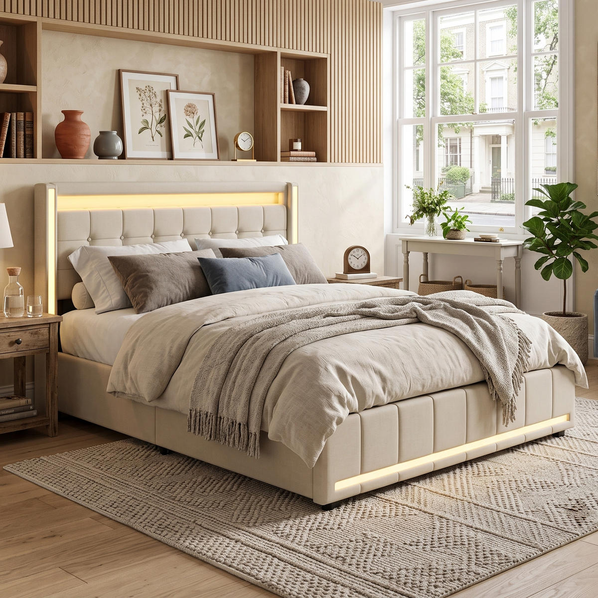 POLSTERBETT Geometrisch 140/200 cm mit 4 Schubladen & App-LED Leinenoptik Beige - Beige, Textil (140/200cm) - Creahappy