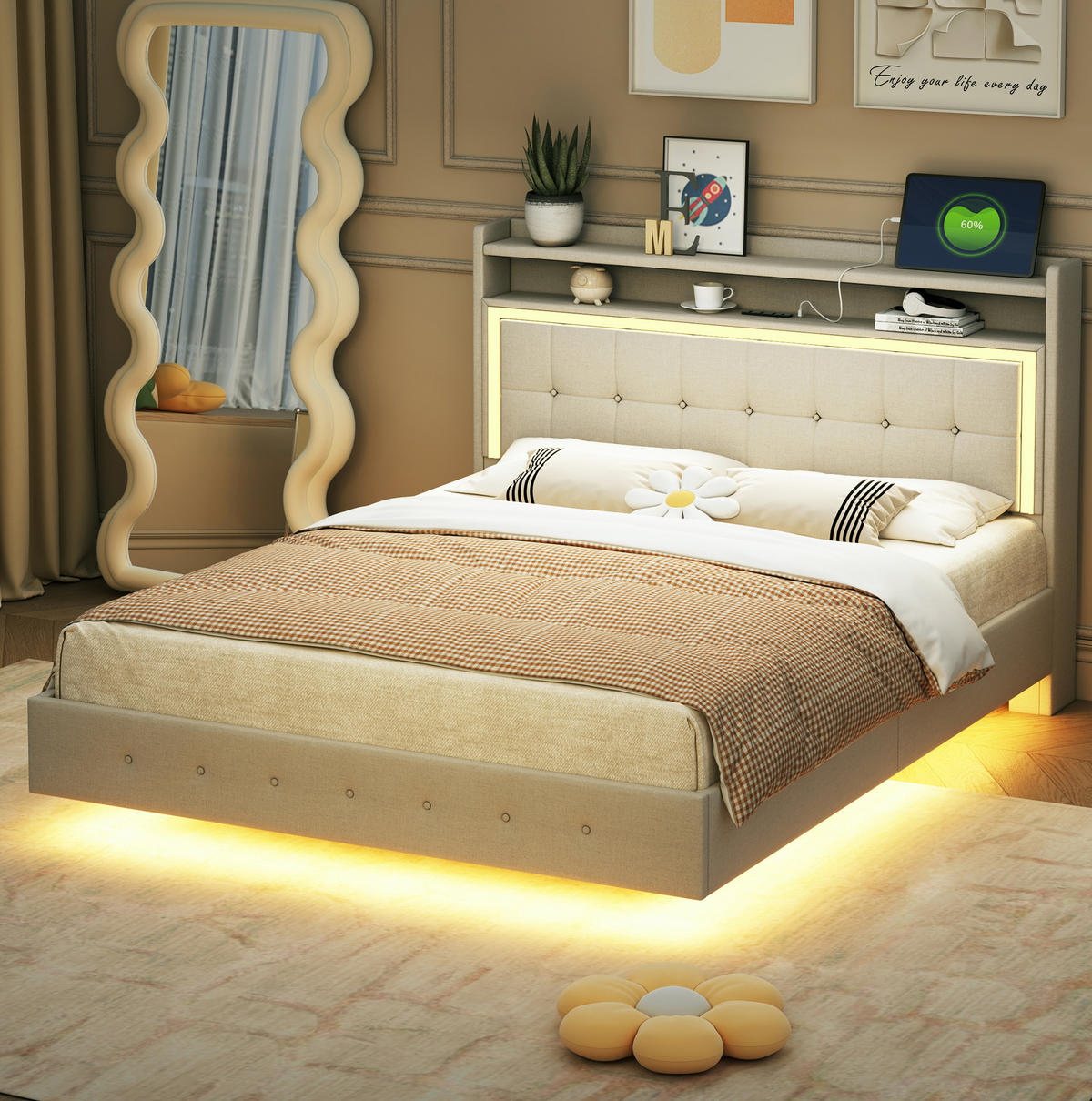 POLSTERBETT 140/200 cm Beige mit USB-Steckdose und LED-Beleuchtung - Beige, Textil (140/200cm) - Flora Grace