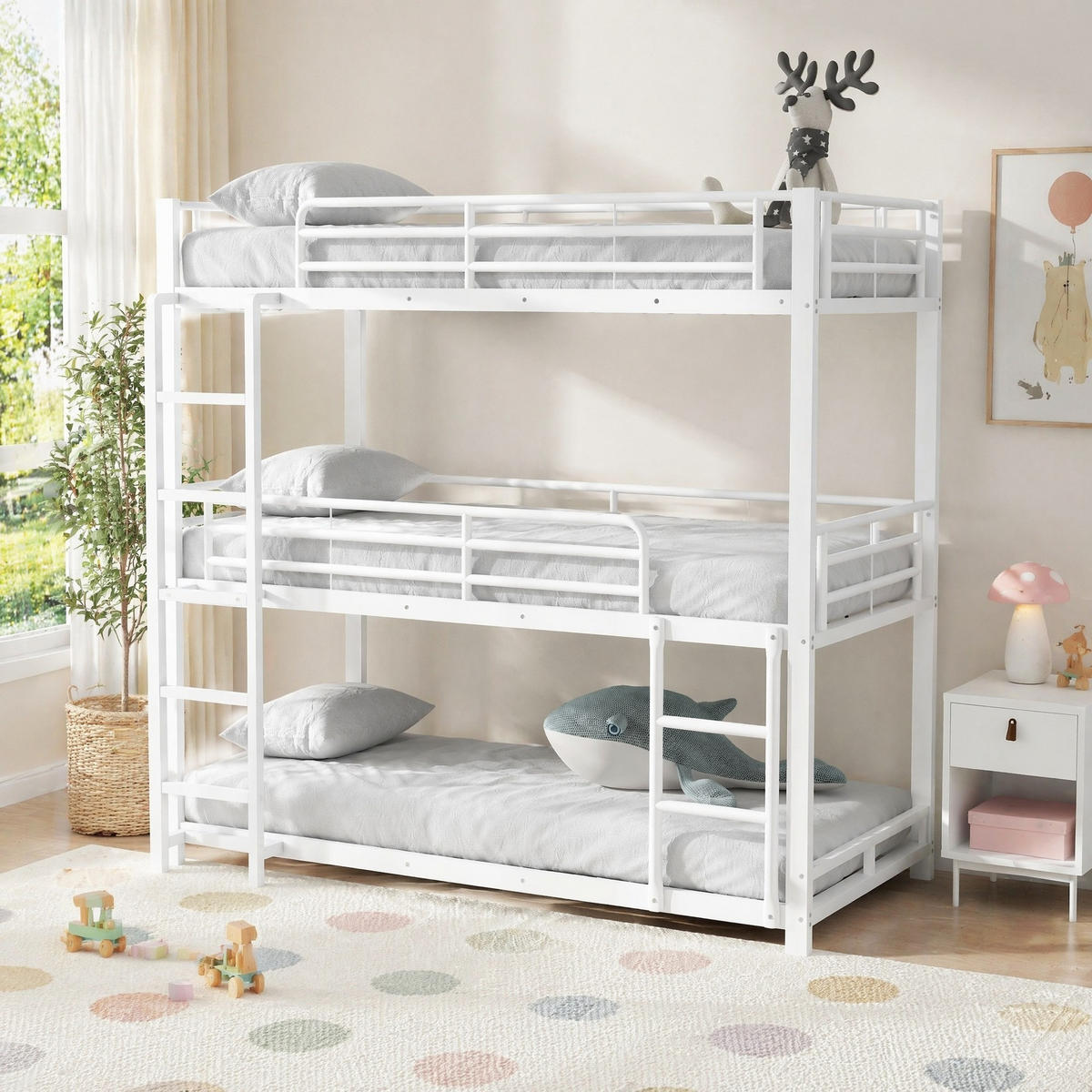 ETAGENBETT 90/200 cm aus Metall in Weiß, Dreifachbett mit Leiter - Weiß, Metall (90/200cm) - OKMYHOME