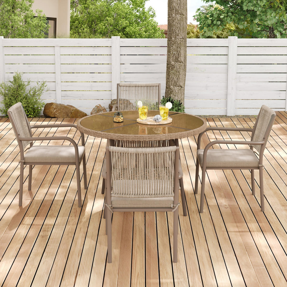 GARTENSET Rattan Tisch 4 Stühle rund Glas - Braun, Glas - LEBENLANG