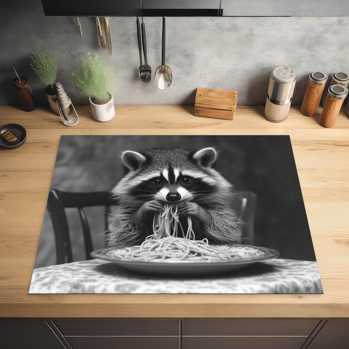 HERDABDECKPLATTE Waschbär - Niedlich - Pasta - Tischtuch - Schwarz - Weiß Induktionsmatte 77x59 cm - Grau, Kunststoff (77/59/0.2cm) - MuchoWow