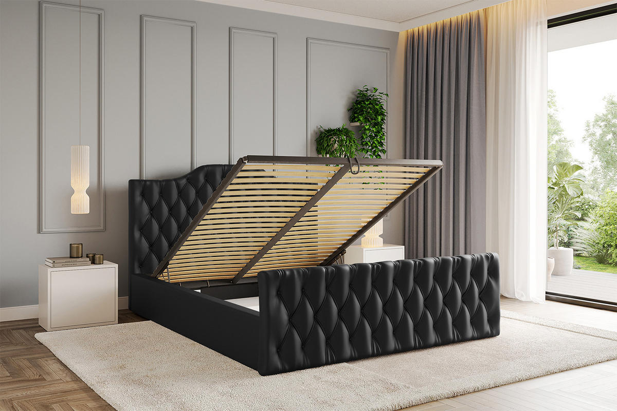 POLSTERBETT mit Bettkasten, Fußteil und Lattenrost, Boxbett mit Matratze H3/H4 - FALIO-Z 180x200 Schwarz Kunstleder - Schwarz Hochglanz, Holzwerkstoff/Textil (180/200cm) - ALTDECOR