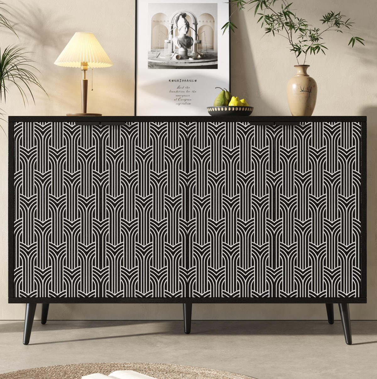 SIDEBOARD 120/35/78 cm, schwarz-weißes Geometriemuster, verstellbare Einlegeböden, Schwarz - Schwarz, Holzwerkstoff (120/78/35cm) - Redom