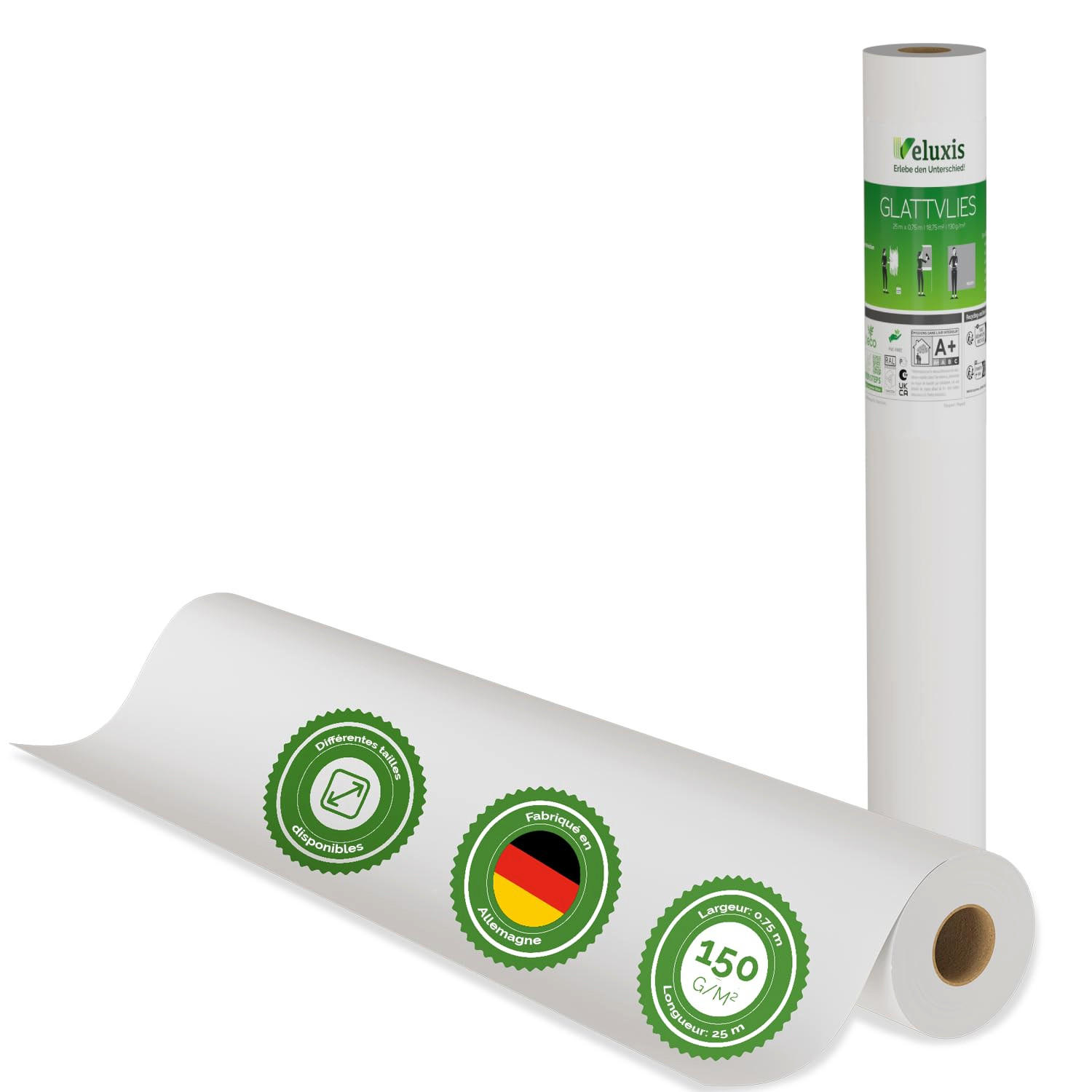 GLATTVLIES - Weiß, 25,00 m x 0,75 m - 150g/m² - Weiß, Papier (2500/75cm) - Veluxis