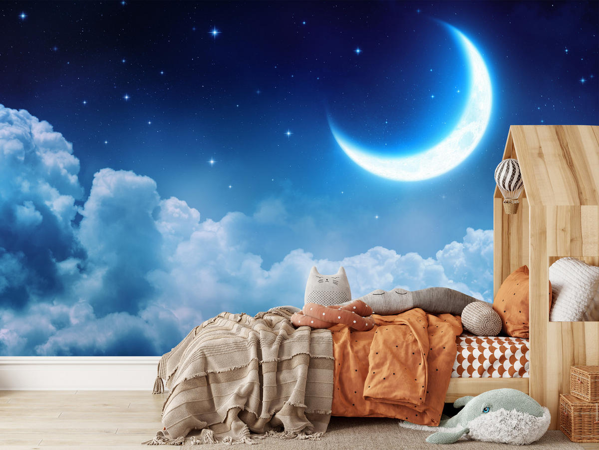 FOTOTAPETE für Schlafzimmer Himmel Wolken Mond Sterne 300x210 - Blau/Dunkelblau, Papier (300/210cm) - Muralo