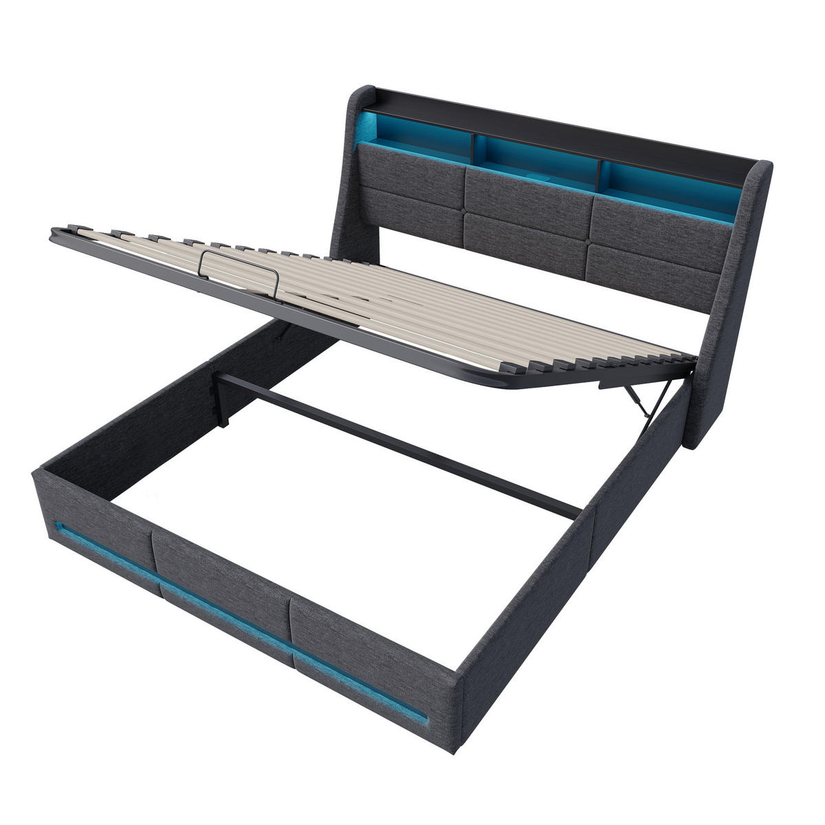 BETT mit Bettkasten 140/200 cm, mit LED-Beleuchtung, hydraulischem Stauraum, Lattenrost, Grey - Grau, Holzwerkstoff (140/200cm) - Brevoria