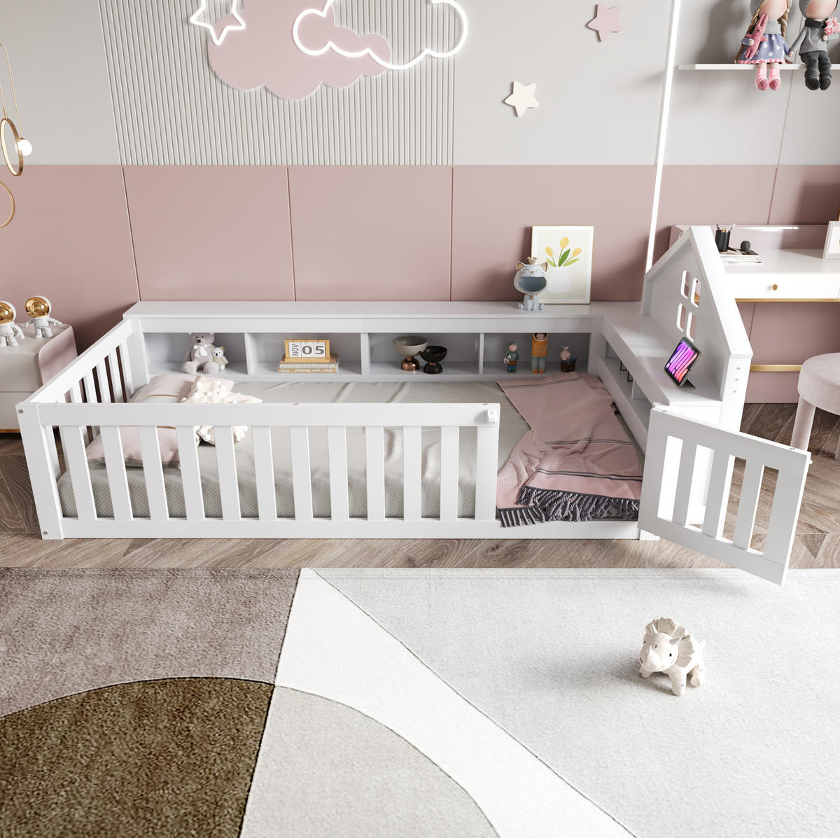 KINDERBETT 90/200 cm Weiß mit Dachleiste, Fenster und Stauraum - Weiß, Holz (90/200cm) - Flora Grace