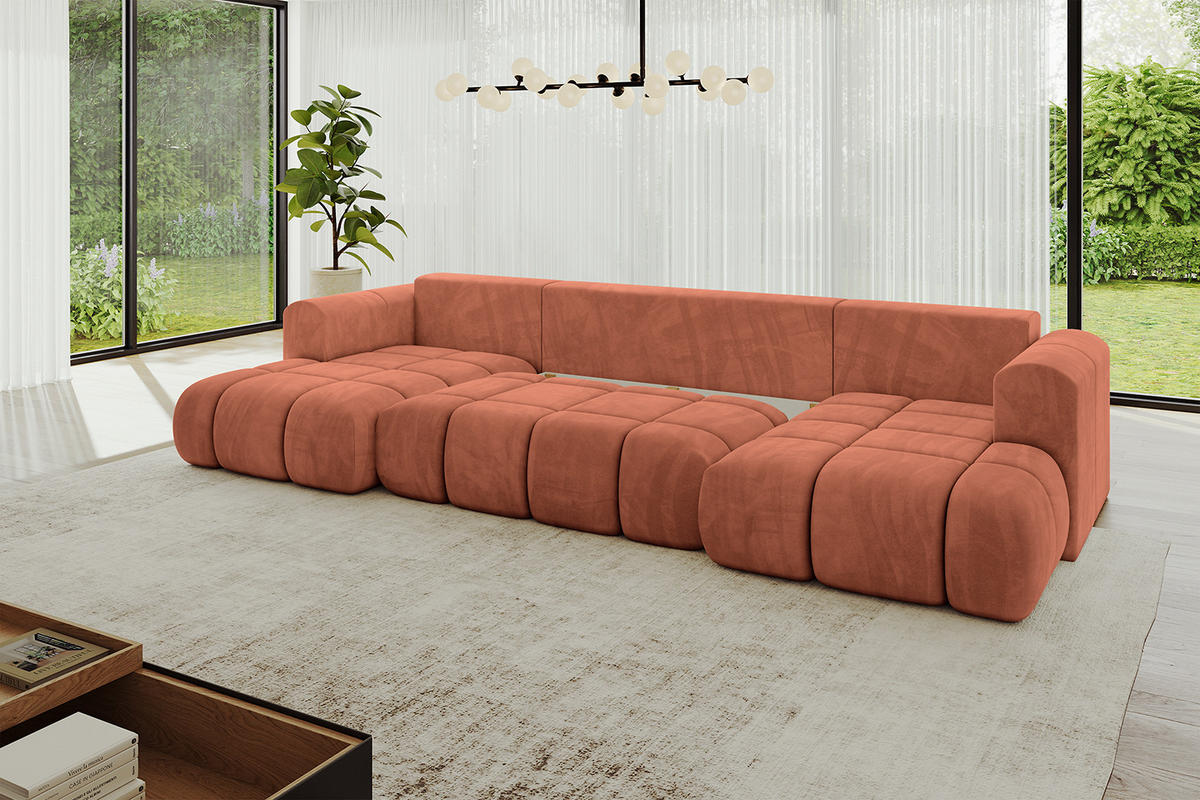 WOHNLANDSCHAFT Ottomane Links CLOUD-U 414x180x40 Apricot Velours - Koralle, Holzwerkstoff/Kunststoff (414/90/180cm) - ALTDECOR
