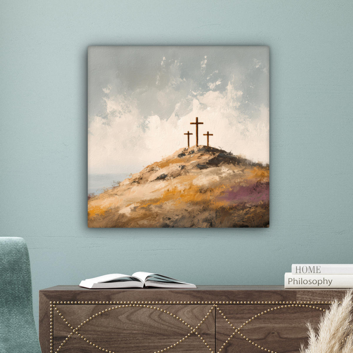LEINWANDBILD Hügel - Abstrakt - Christentum - Kreuz Wandbild Wohnzimmer 50x50 cm - Hellgrau, Textil (50/50cm) - MuchoWow