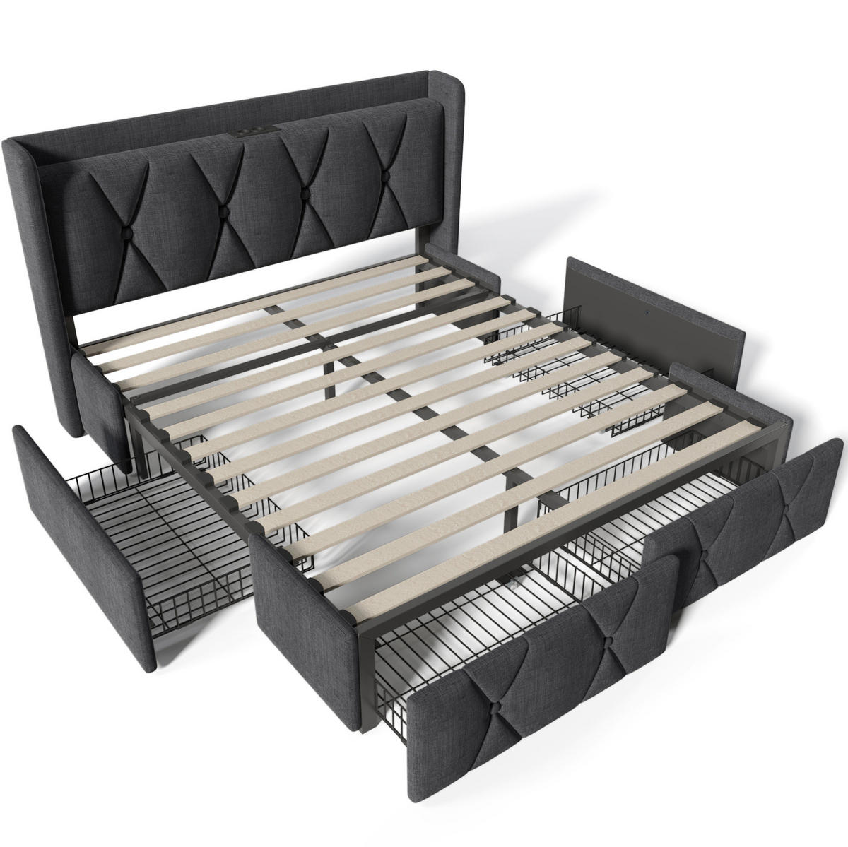 POLSTERBETT 140/200 cm mit 4 Schubladen und USB/Steckdosen, Grau - Grau, Textil (140/200cm) - BEAOK